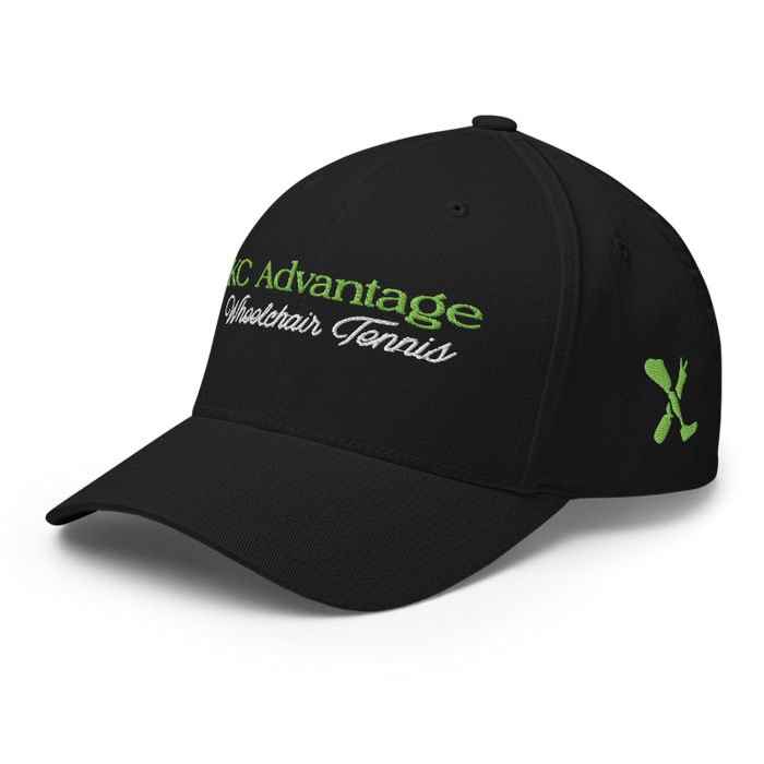 Front left angle of the MAS Kansas City Advantage Wheelchair Tennis Script Black Flexfit Curved Bill Fitted against a white background