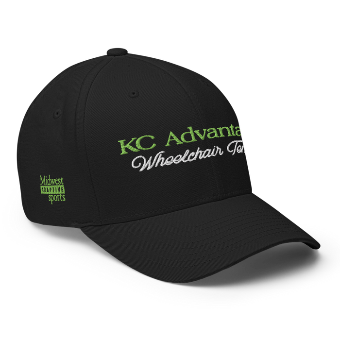 Front right angle of the MAS Kansas City Advantage Wheelchair Tennis Script Black Flexfit Curved Bill Fitted against a white background