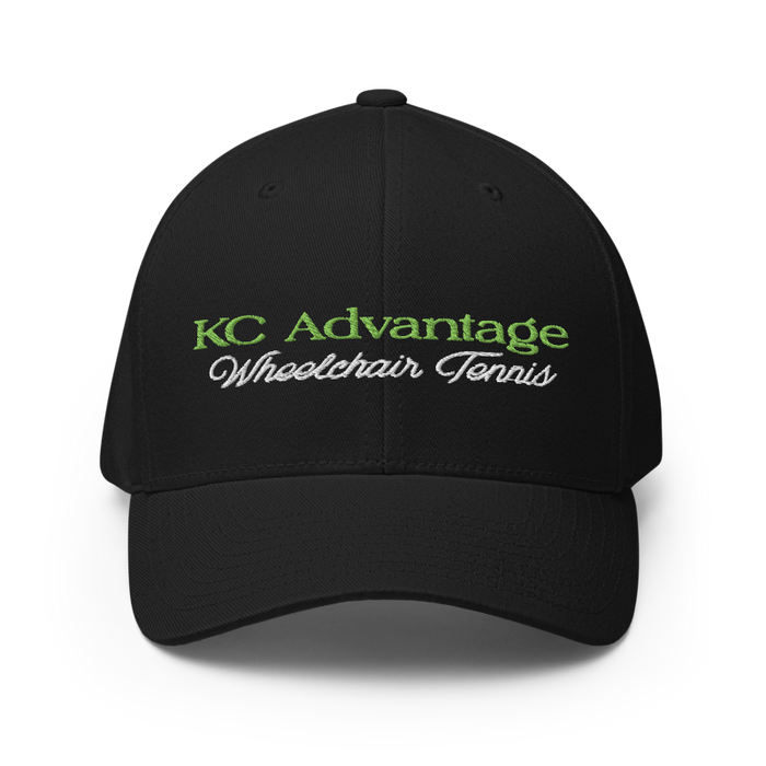 Front angle of the MAS Kansas City Advantage Wheelchair Tennis Script Black Flexfit Curved Bill Fitted against a white background