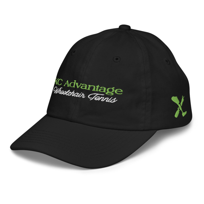 Front left angle of the MAS Kansas City Advantage Wheelchair Tennis Script Black Youth Dad Hat against a white background