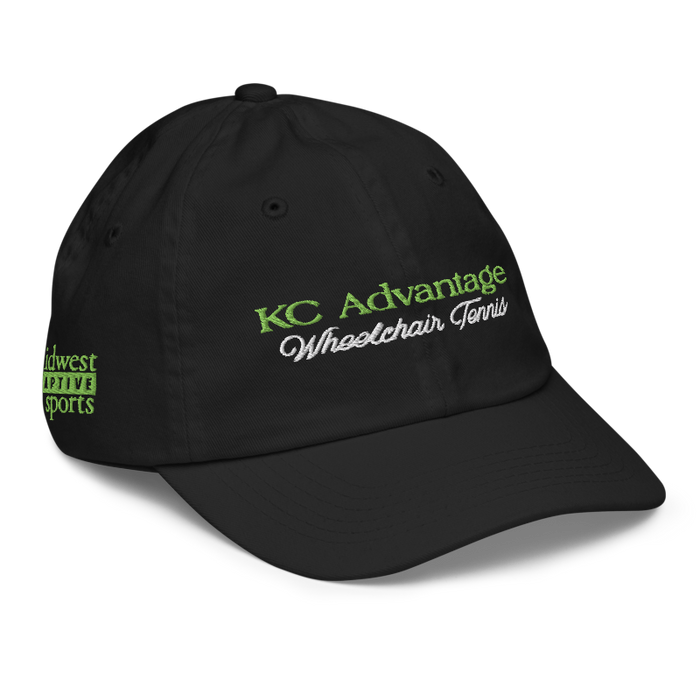 Front right angle of the MAS Kansas City Advantage Wheelchair Tennis Script Black Youth Dad Hat against a white background