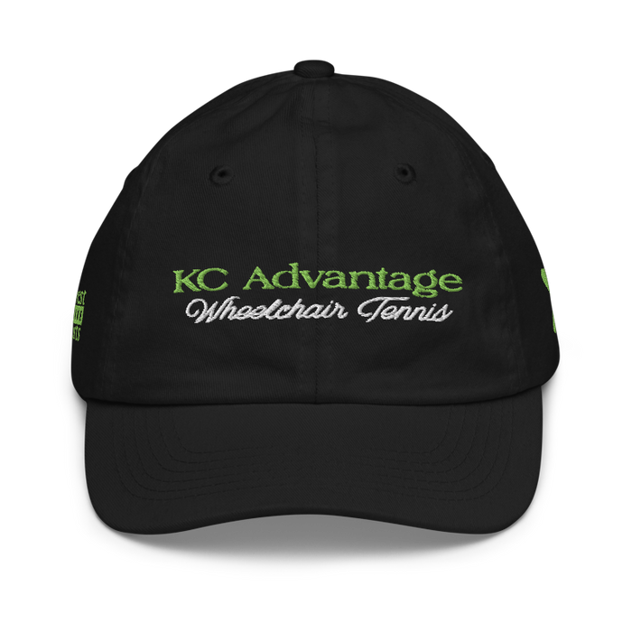 Front angle of the MAS Kansas City Advantage Wheelchair Tennis Script Black Youth Dad Hat against a white background