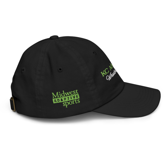 Right angle of the MAS Kansas City Advantage Wheelchair Tennis Script Black Youth Dad Hat against a white background