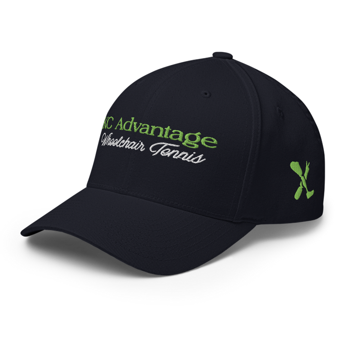 Front left angle of the MAS Kansas City Advantage Wheelchair Tennis Script Dark Navy Flexfit Curved Bill Fitted against a white background