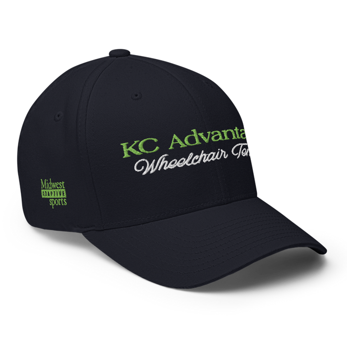 Front right angle of the MAS Kansas City Advantage Wheelchair Tennis Script Dark Navy Flexfit Curved Bill Fitted against a white background