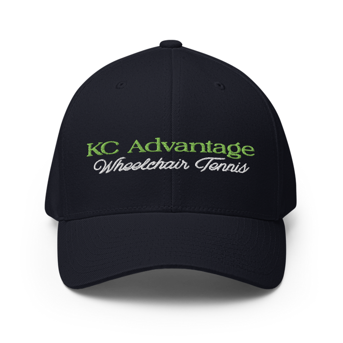 Front angle of the MAS Kansas City Advantage Wheelchair Tennis Script Dark Navy Flexfit Curved Bill Fitted against a white background