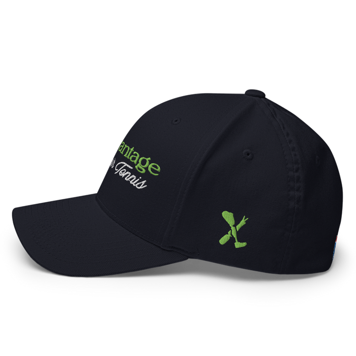 Left angle of the MAS Kansas City Advantage Wheelchair Tennis Script Dark Navy Flexfit Curved Bill Fitted against a white background