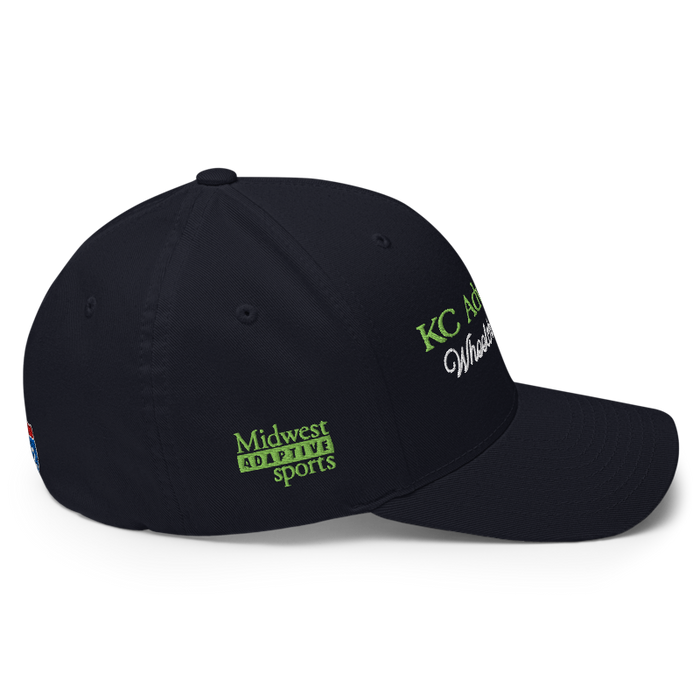 Right angle of the MAS Kansas City Advantage Wheelchair Tennis Script Dark Navy Flexfit Curved Bill Fitted against a white background