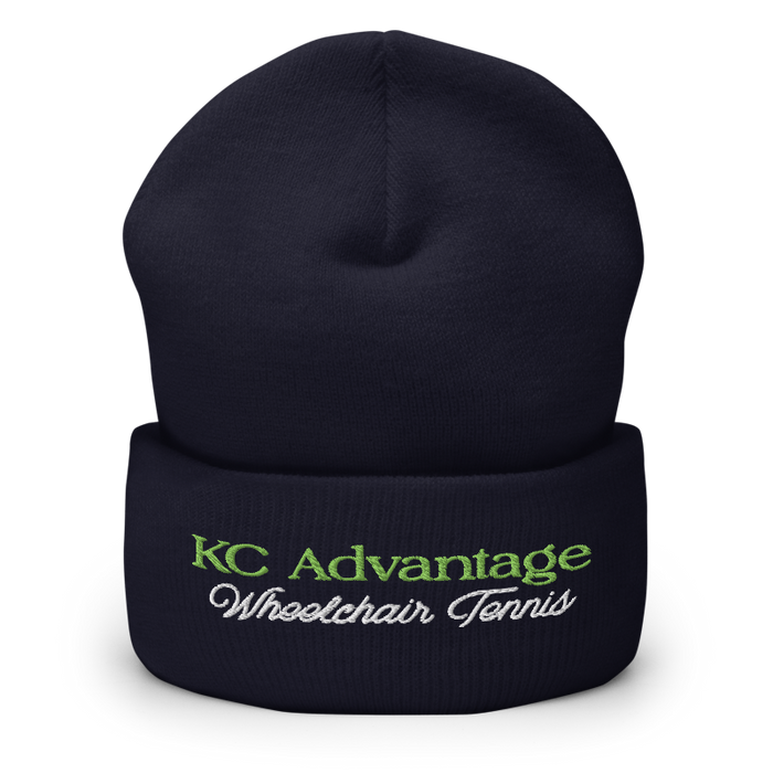 Front angle of the MAS Kansas City Advantage Wheelchair Tennis Script Navy Beanie against a white background