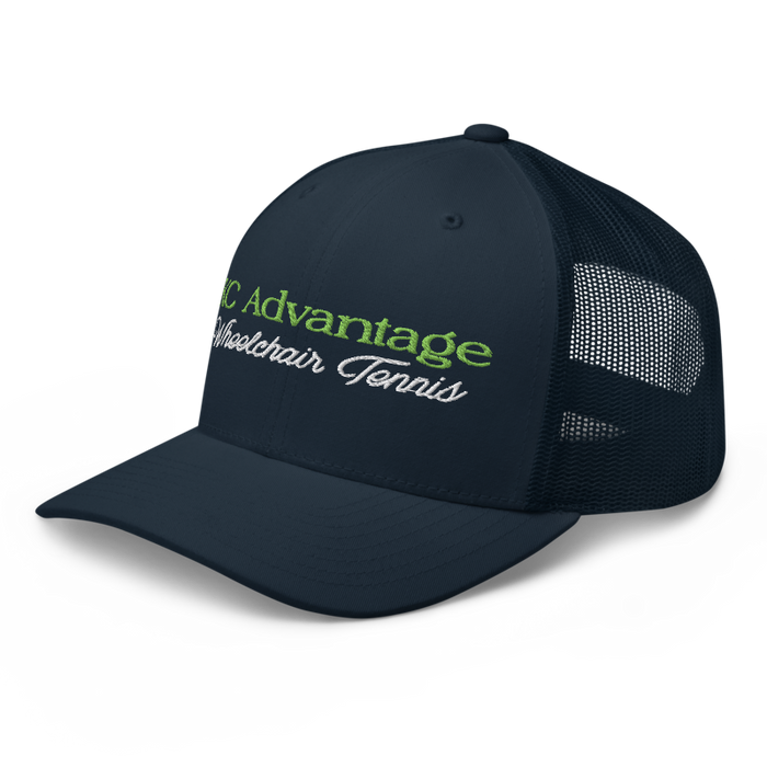 Front left angle of the MAS Kansas City Advantage Wheelchair Tennis Script Navy Curved Bill Trucker Snapback against a white background