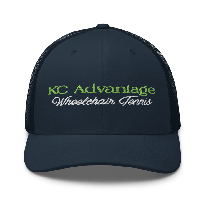 Front angle of the MAS Kansas City Advantage Wheelchair Tennis Script Navy Curved Bill Trucker Snapback against a white background