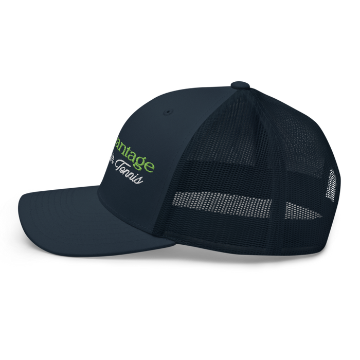 Left angle of the MAS Kansas City Advantage Wheelchair Tennis Script Navy Curved Bill Trucker Snapback against a white background