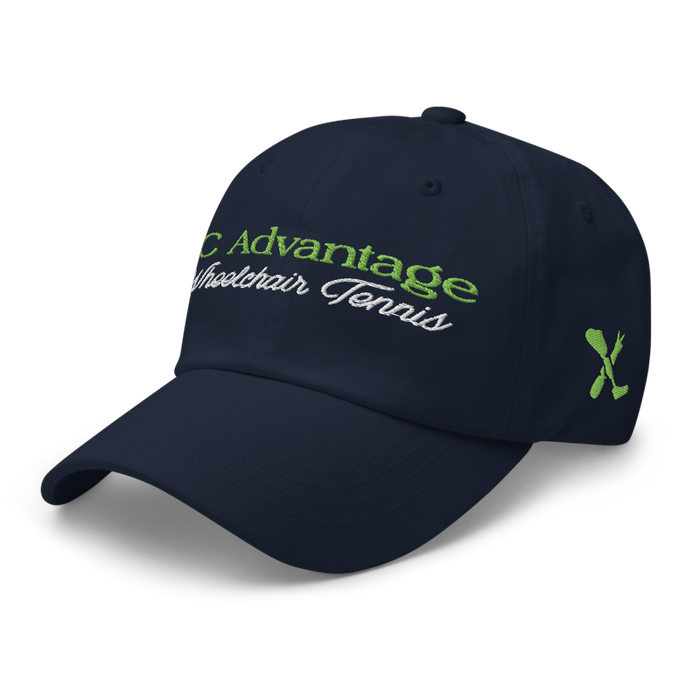 Front left angle of the MAS Kansas City Advantage Wheelchair Tennis Script Navy Dad Hat against a white background