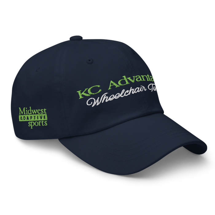 Front right angle of the MAS Kansas City Advantage Wheelchair Tennis Script Navy Dad Hat against a white background