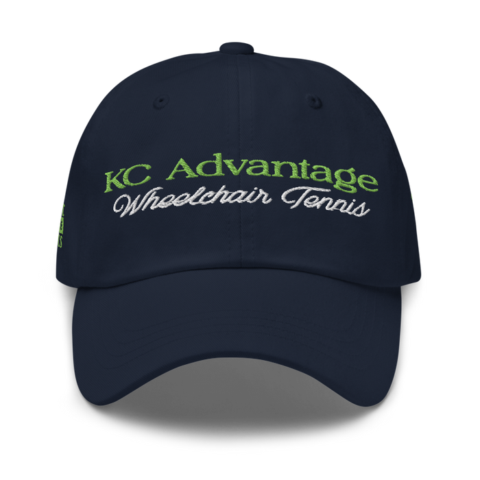 Front angle of the MAS Kansas City Advantage Wheelchair Tennis Script Navy Dad Hat against a white background