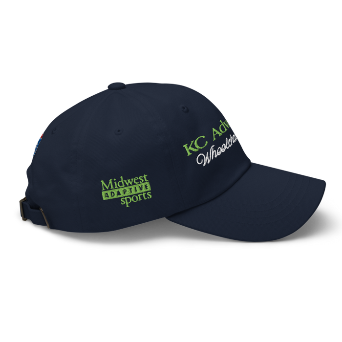 Right angle of the MAS Kansas City Advantage Wheelchair Tennis Script Navy Dad Hat against a white background