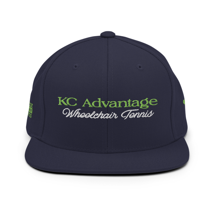 Front angle of the MAS Kansas City Advantage Wheelchair Tennis Script Navy Flat Bill Snapback against a white background
