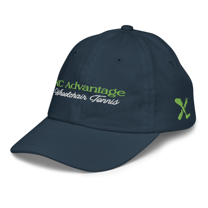 Front left angle of the MAS Kansas City Advantage Wheelchair Tennis Script Navy Youth Dad Hat against a white background