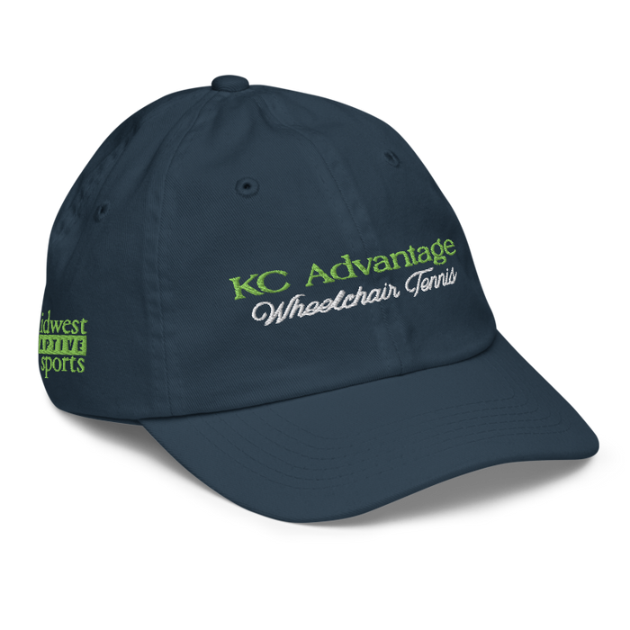 Front right angle of the MAS Kansas City Advantage Wheelchair Tennis Script Navy Youth Dad Hat against a white background