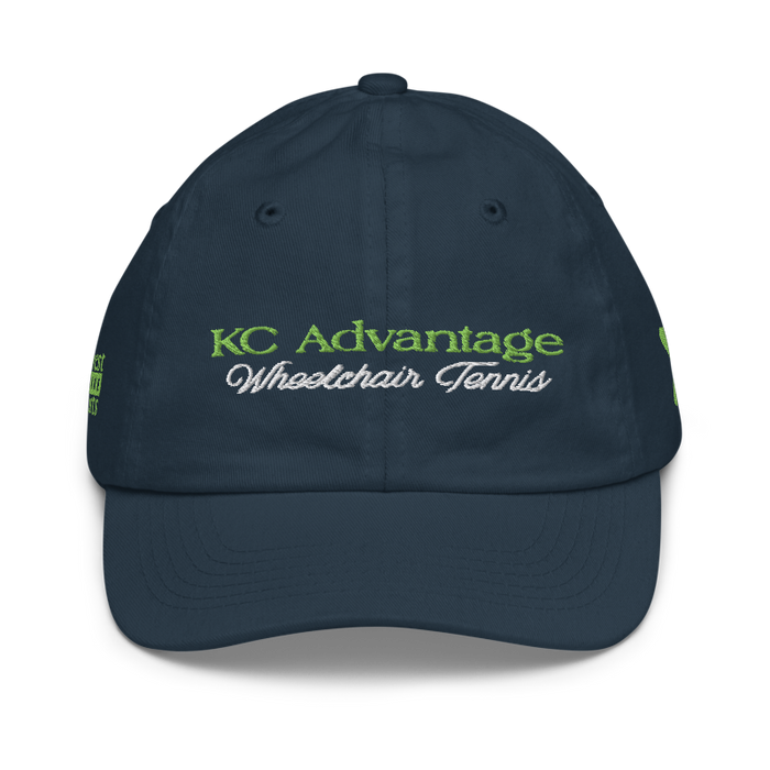 Front angle of the MAS Kansas City Advantage Wheelchair Tennis Script Navy Youth Dad Hat against a white background