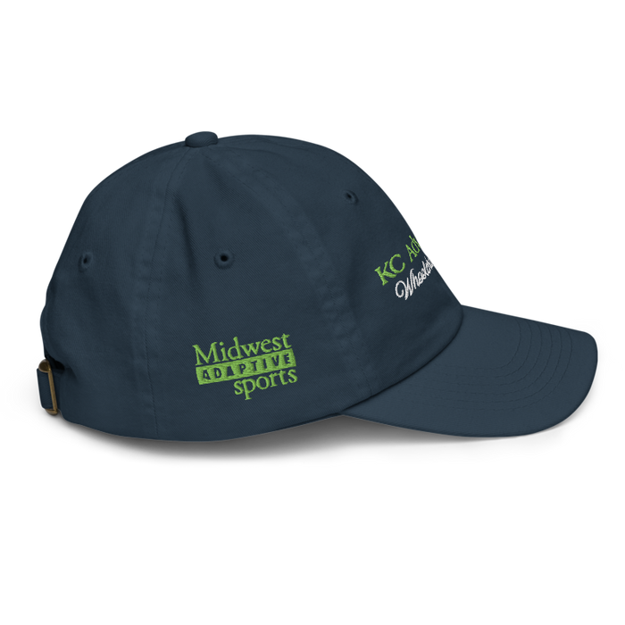 Right angle of the MAS Kansas City Advantage Wheelchair Tennis Script Navy Youth Dad Hat against a white background