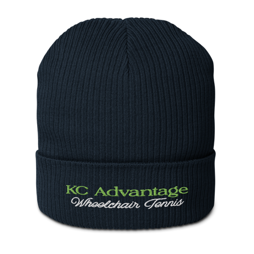 Front angle of the MAS Kansas City Advantage Wheelchair Tennis Script Oxford Navy Organic Beanie against a white background