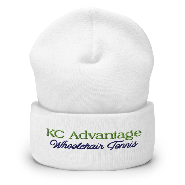 Front angle of the MAS Kansas City Advantage Wheelchair Tennis Script White Beanie against a white background