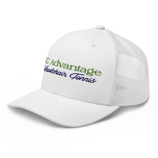 Front left angle of the MAS Kansas City Advantage Wheelchair Tennis Script White Curved Bill Trucker Snapback against a white background