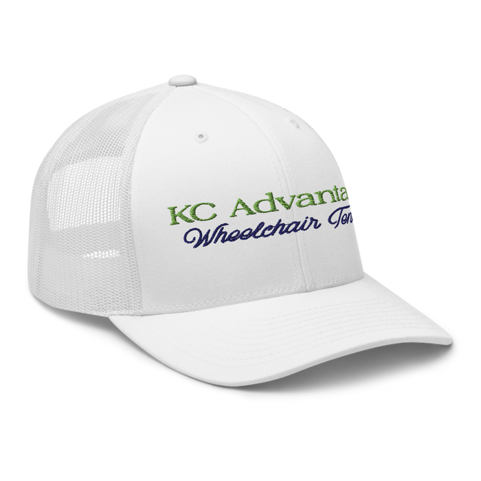 Front right angle of the MAS Kansas City Advantage Wheelchair Tennis Script White Curved Bill Trucker Snapback against a white background
