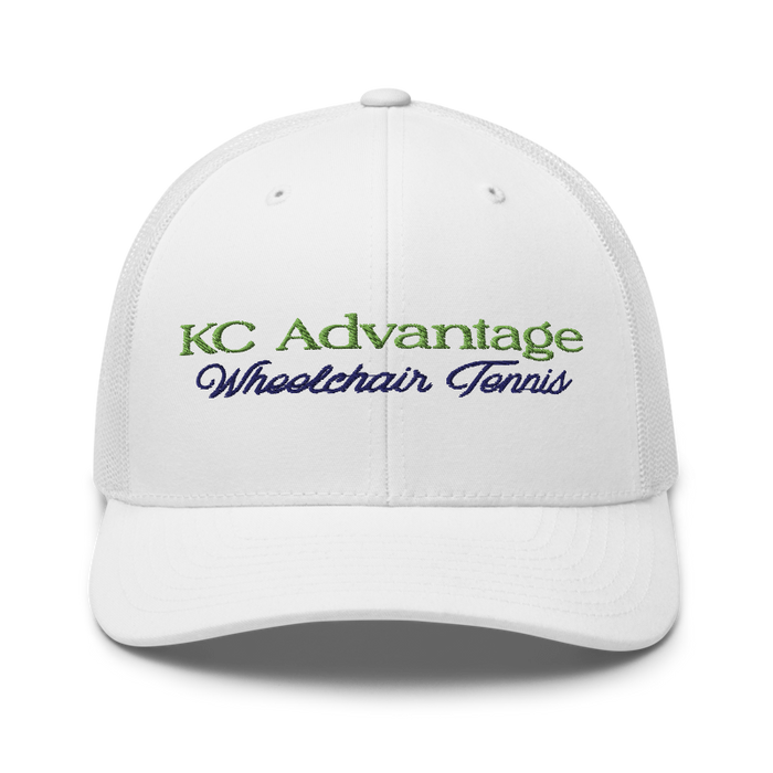 Front angle of the MAS Kansas City Advantage Wheelchair Tennis Script White Curved Bill Trucker Snapback against a white background