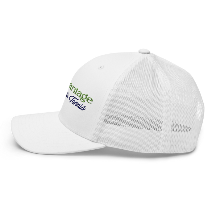 Left angle of the MAS Kansas City Advantage Wheelchair Tennis Script White Curved Bill Trucker Snapback against a white background