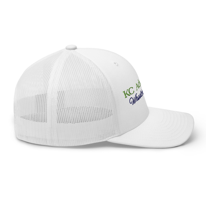 Right angle of the MAS Kansas City Advantage Wheelchair Tennis Script White Curved Bill Trucker Snapback against a white background