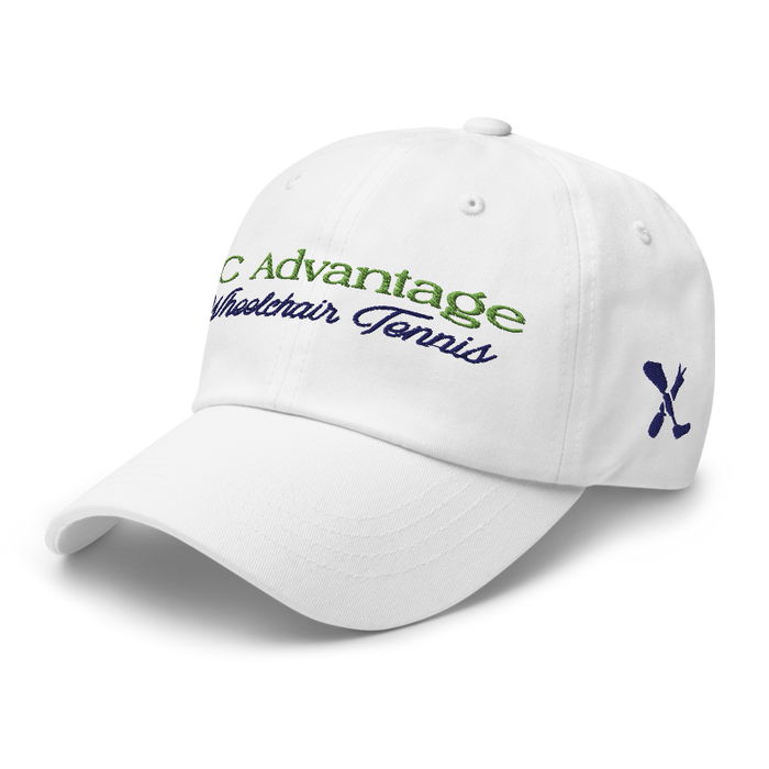 Front left angle of the MAS Kansas City Advantage Wheelchair Tennis Script White Dad Hat against a white background