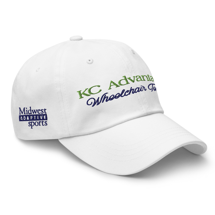 Front right angle of the MAS Kansas City Advantage Wheelchair Tennis Script White Dad Hat against a white background