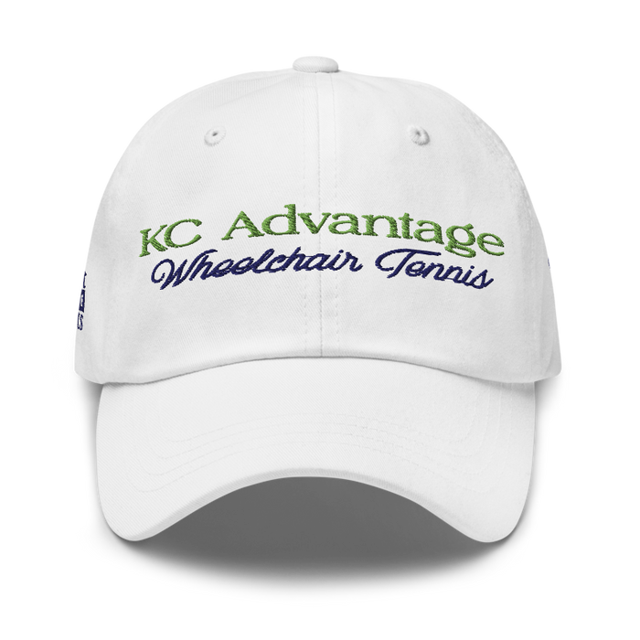 Front angle of the MAS Kansas City Advantage Wheelchair Tennis Script White Dad Hat against a white background