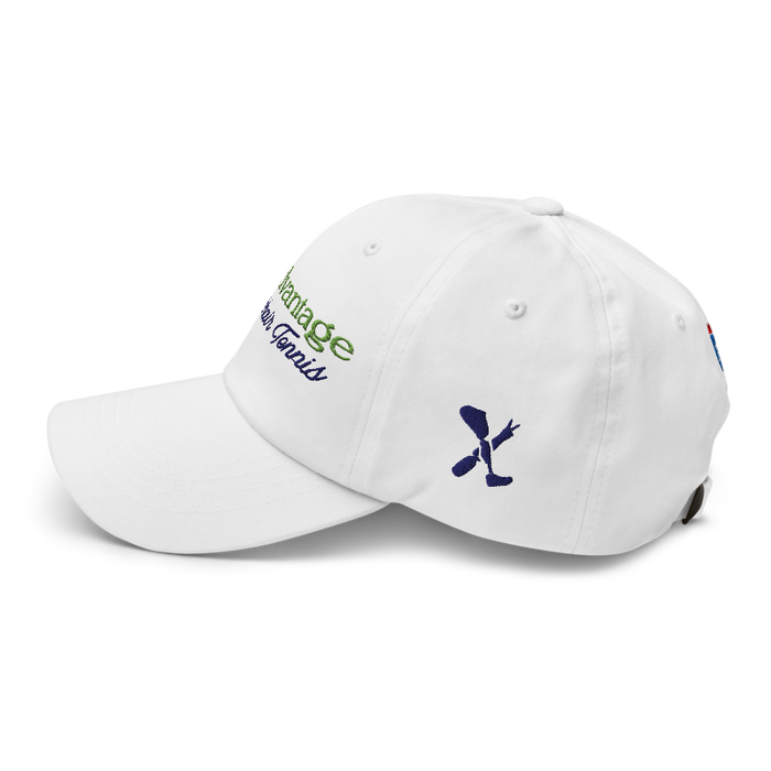 Left angle of the MAS Kansas City Advantage Wheelchair Tennis Script White Dad Hat against a white background