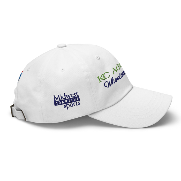 Right angle of the MAS Kansas City Advantage Wheelchair Tennis Script White Dad Hat against a white background
