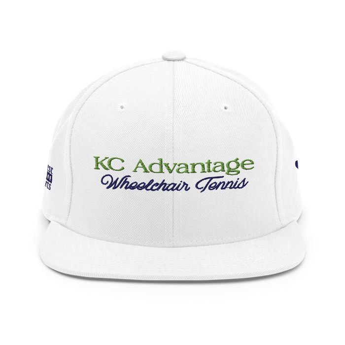 Front angle of the MAS Kansas City Advantage Wheelchair Tennis Script White Flat Bill Snapback against a white background