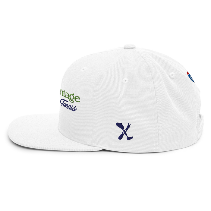 Left angle of the MAS Kansas City Advantage Wheelchair Tennis Script White Flat Bill Snapback against a white background