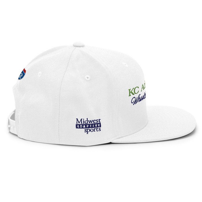 Right angle of the MAS Kansas City Advantage Wheelchair Tennis Script White Flat Bill Snapback against a white background