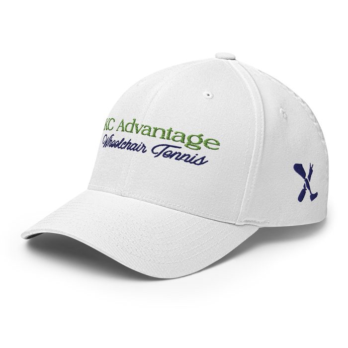 Front left angle of the MAS Kansas City Advantage Wheelchair Tennis Script White Flexfit Curved Bill Fitted against a white background