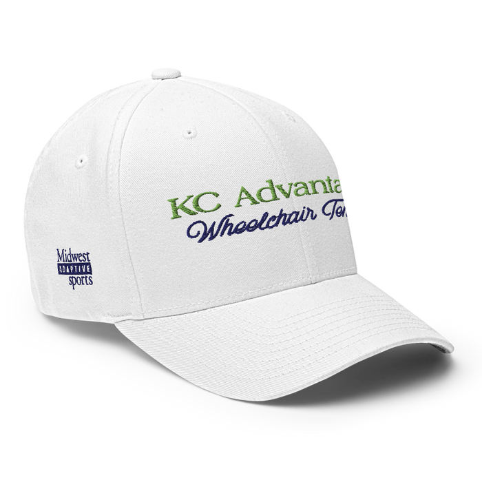 Front right angle of the MAS Kansas City Advantage Wheelchair Tennis Script White Flexfit Curved Bill Fitted against a white background