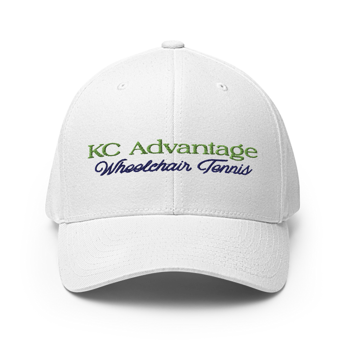 Front angle of the MAS Kansas City Advantage Wheelchair Tennis Script White Flexfit Curved Bill Fitted against a white background