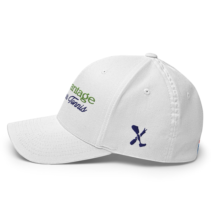 Left angle of the MAS Kansas City Advantage Wheelchair Tennis Script White Flexfit Curved Bill Fitted against a white background