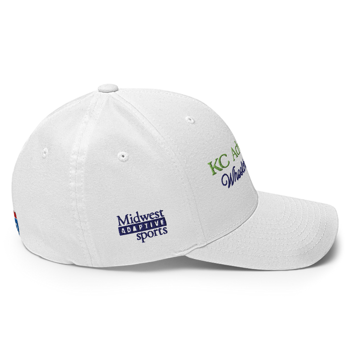 Right angle of the MAS Kansas City Advantage Wheelchair Tennis Script White Flexfit Curved Bill Fitted against a white background