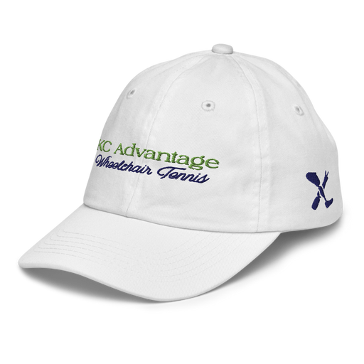 Front left angle of the MAS Kansas City Advantage Wheelchair Tennis Script White Youth Dad Hat against a white background