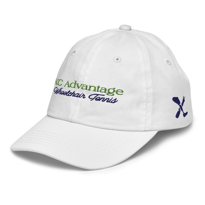 Front left angle of the MAS Kansas City Advantage Wheelchair Tennis Script White Youth Dad Hat against a white background