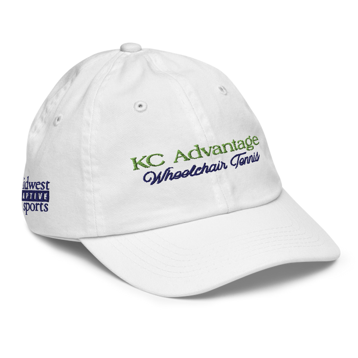 Front right angle of the MAS Kansas City Advantage Wheelchair Tennis Script White Youth Dad Hat against a white background