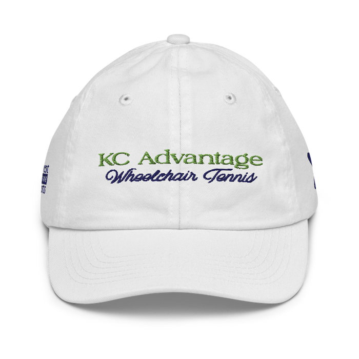 Front angle of the MAS Kansas City Advantage Wheelchair Tennis Script White Youth Dad Hat against a white background
