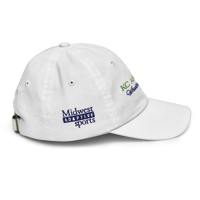 Right angle of the MAS Kansas City Advantage Wheelchair Tennis Script White Youth Dad Hat against a white background
